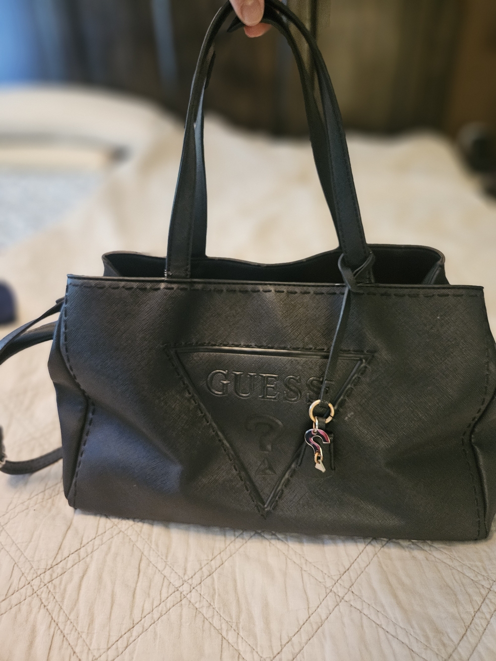 Guess Black Tote Bag with Gold and Pink Charm